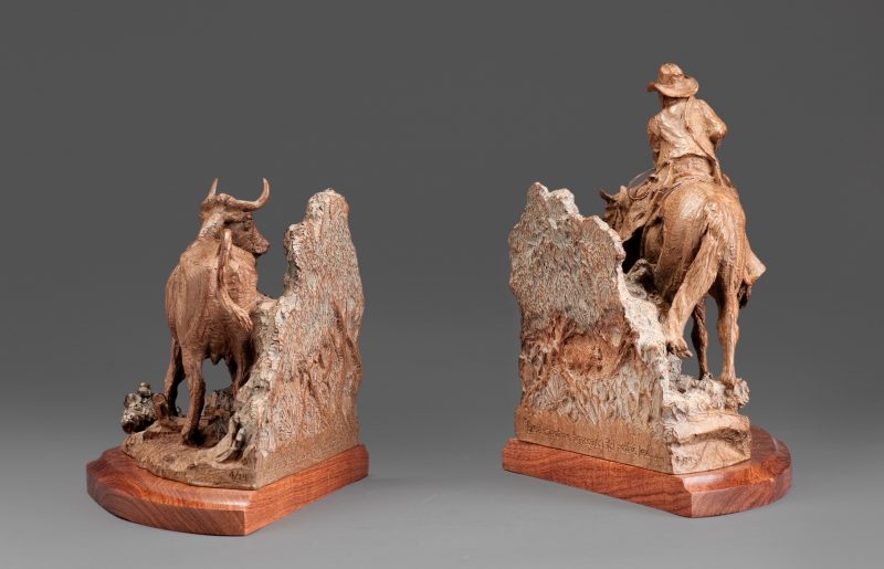 Jason Scull Brush Country bookends cowboy horse cattle longhorn cow calf western bronze sculpture back