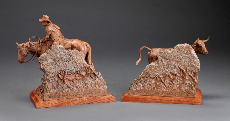 Jason Scull Brush Country bookends cowboy horse cattle longhorn cow calf western bronze sculpture back