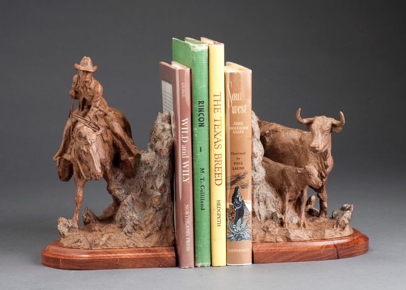 Jason Scull Brush Country bookends cowboy horse cattle longhorn cow calf western bronze sculpture with books