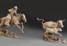 Jason Scull Wild Cows and Wilder Men cowboy cow longhorn calf action western bronze sculpture