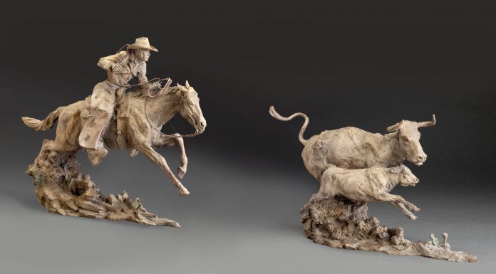 Jason Scull Wild Cows and Wilder Men cowboy cow longhorn calf action western bronze sculpture