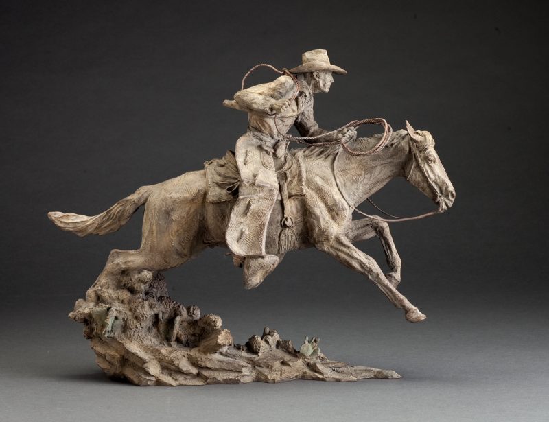 Jason Scull Wild Cows and Wilder Men cowboy cow longhorn calf action western bronze sculpture side