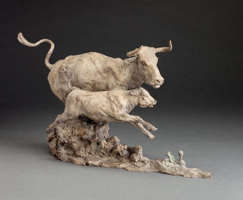 Jason Scull Wild Cows and Wilder Men cowboy cow longhorn calf action western bronze sculpture front