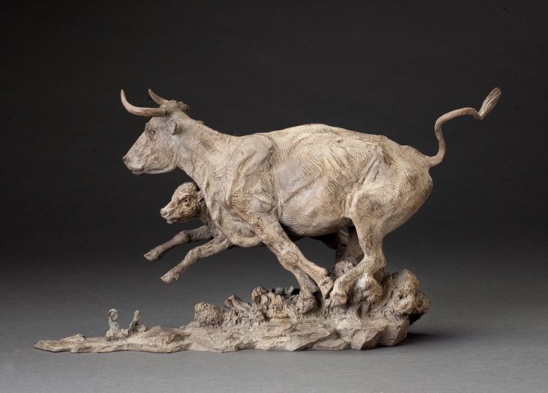 Jason Scull Wild Cows and Wilder Men cowboy cow longhorn calf action western bronze sculpture cow side