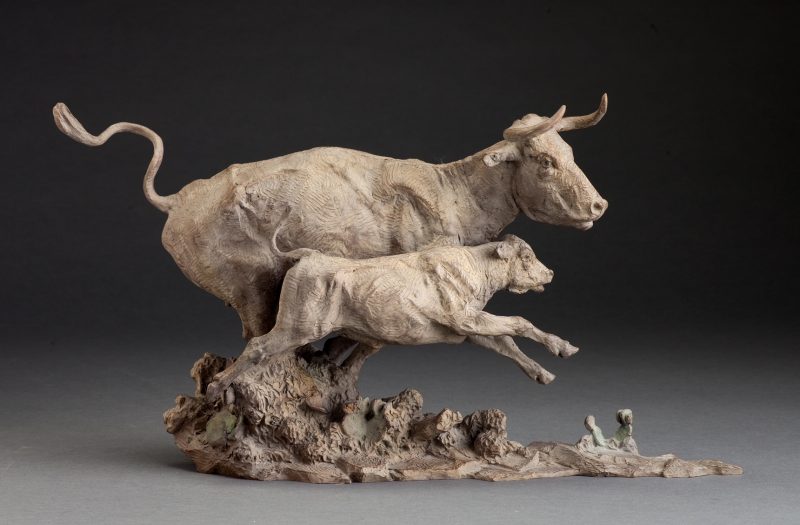 Jason Scull Wild Cows and Wilder Men cowboy cow longhorn calf action western bronze sculpture cow side