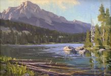 Aaron Schuerr Taggart Lake Log Jam high mountain lake Wyoming western oil landscape painting