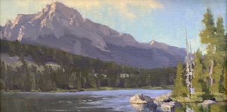 Aaron Schuerr Taggart Lake Log Jam high mountain lake Wyoming western oil landscape painting