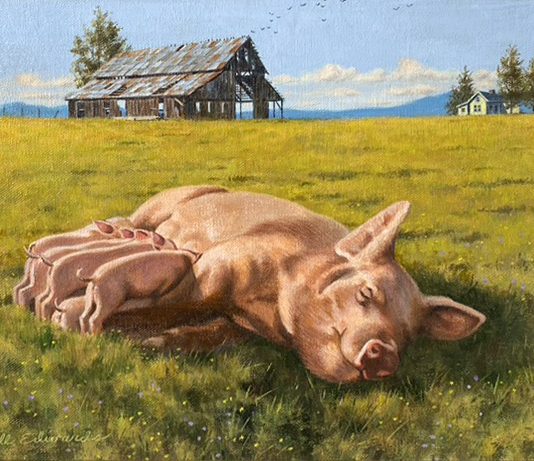 Bill Edwards Pigging Out mother pig nursing piglets farm ranch western oil painting