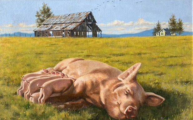 Bill Edwards Pigging Out mother pig nursing piglets farm ranch western oil painting