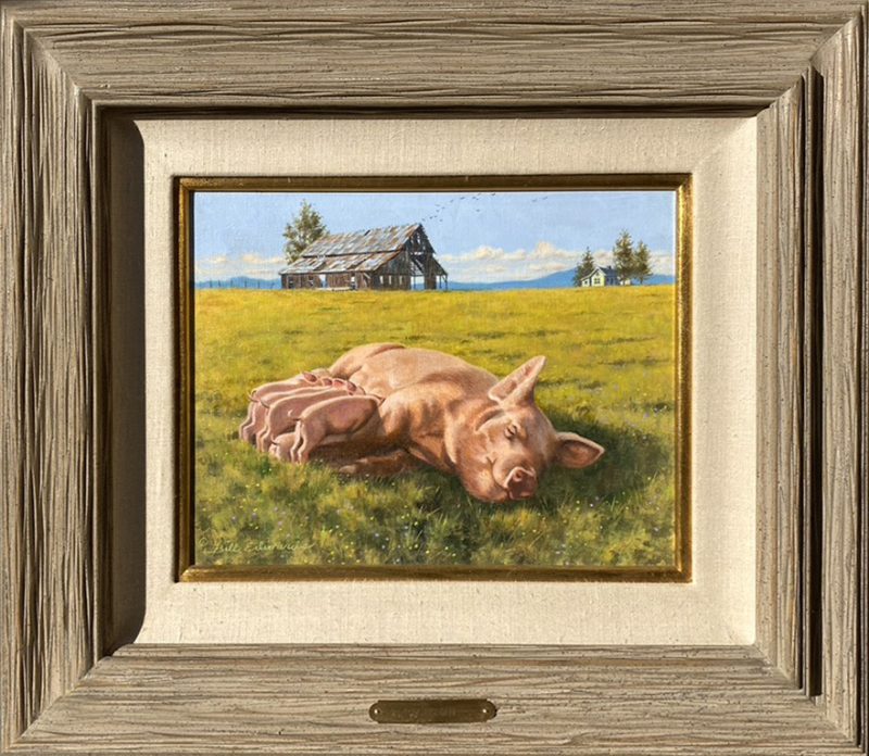 Bill Edwards Pigging Out mother pig nursing piglets farm ranch western oil painting framed