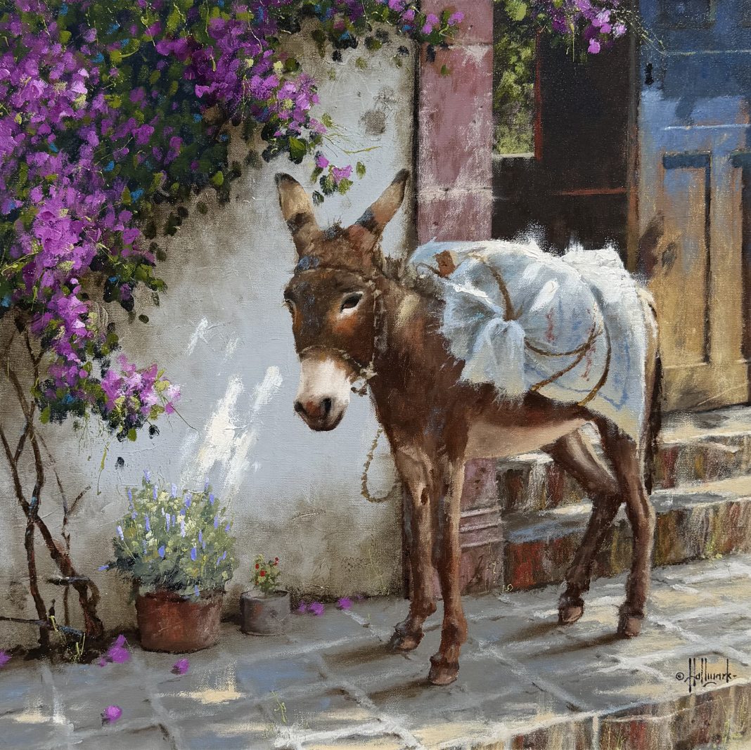 George Hallmark Time Passages burro donkey jackass Mexico western oil painting architecture architectural adobe historic building