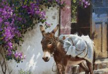 George Hallmark Time Passages burro donkey jackass Mexico western oil painting architecture architectural adobe historic building