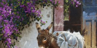 George Hallmark Time Passages burro donkey jackass Mexico western oil painting architecture architectural adobe historic building
