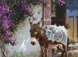 George Hallmark Time Passages burro donkey jackass Mexico western oil painting architecture architectural adobe historic building