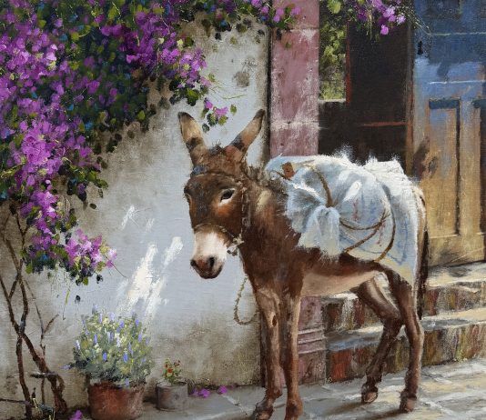 George Hallmark Time Passages burro donkey jackass Mexico western oil painting architecture architectural adobe historic building