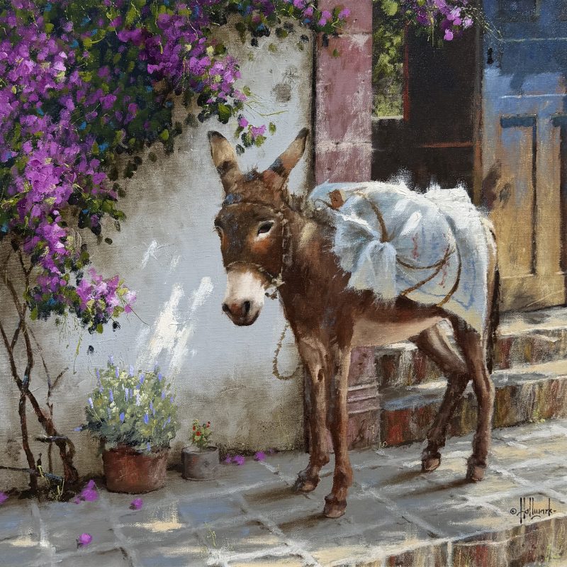 George Hallmark Time Passages burro donkey jackass Mexico western oil painting architecture architectural adobe historic building
