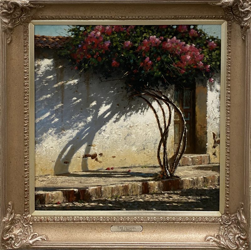 George Hallmark Time Passage bougainvillea plant flower flowering stucco Mexico Santa Fe architecture oil painting framed