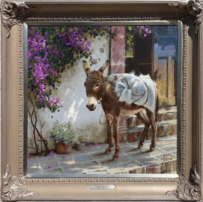 George Hallmark Time Passages burro donkey jackass Mexico western oil painting architecture architectural adobe historic building framed