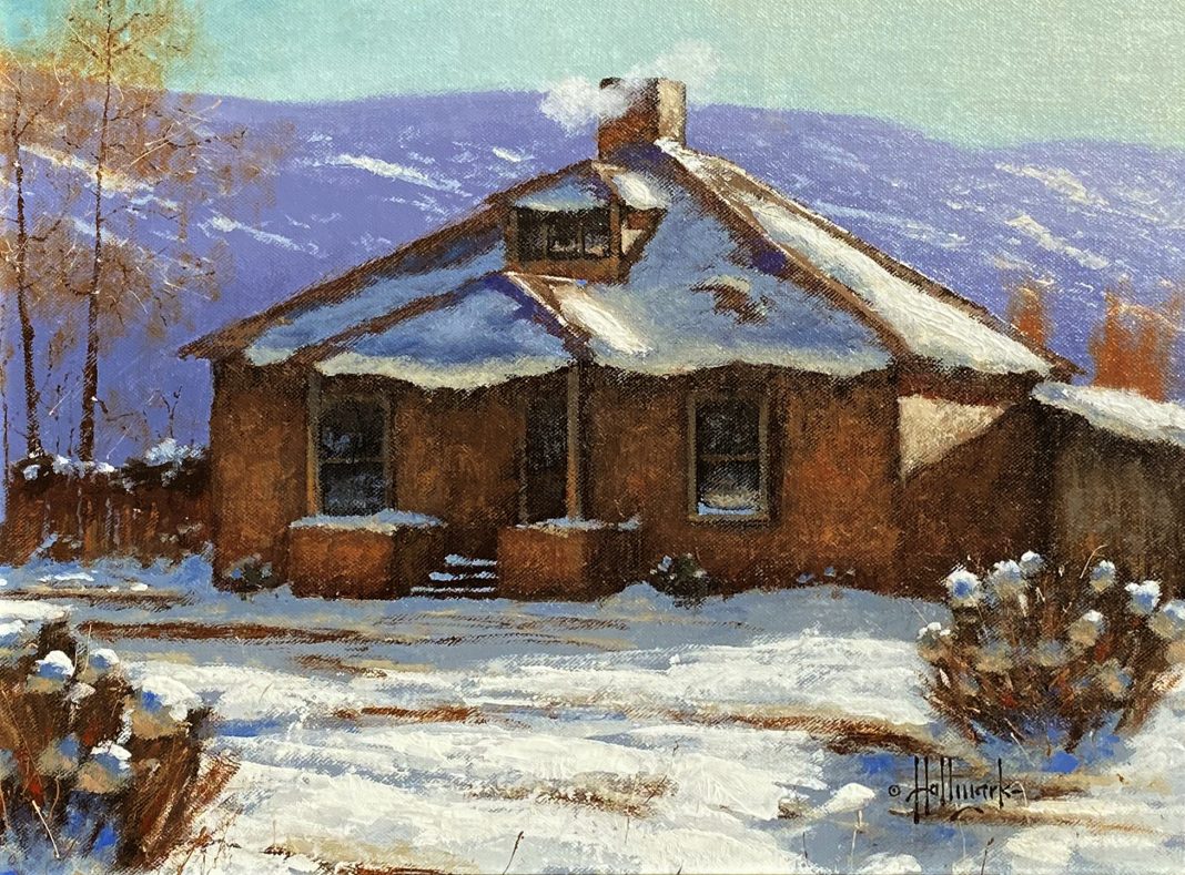 George Hallmark Almost Spring adobe house farm ranch snow architecture western oil painting