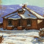 George Hallmark Almost Spring adobe house farm ranch snow architecture western oil painting