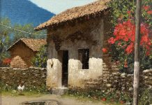 George Hallmark Almost Spring pueblo architecture architectural spanish chicken Mexico oil painting