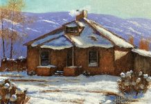 George Hallmark Almost Spring adobe house farm ranch snow architecture western oil painting