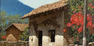 George Hallmark Almost Spring pueblo architecture architectural spanish chicken Mexico oil painting