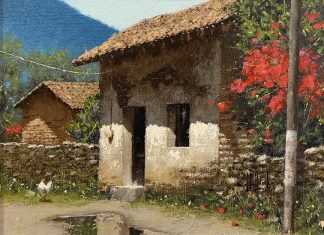 George Hallmark Almost Spring pueblo architecture architectural spanish chicken Mexico oil painting