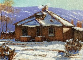 George Hallmark Almost Spring adobe house farm ranch snow architecture western oil painting