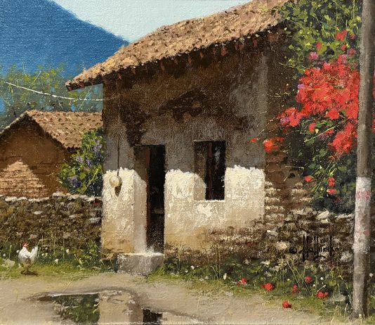 George Hallmark Almost Spring pueblo architecture architectural spanish chicken Mexico oil painting