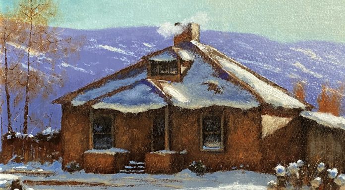 George Hallmark Almost Spring adobe house farm ranch snow architecture western oil painting