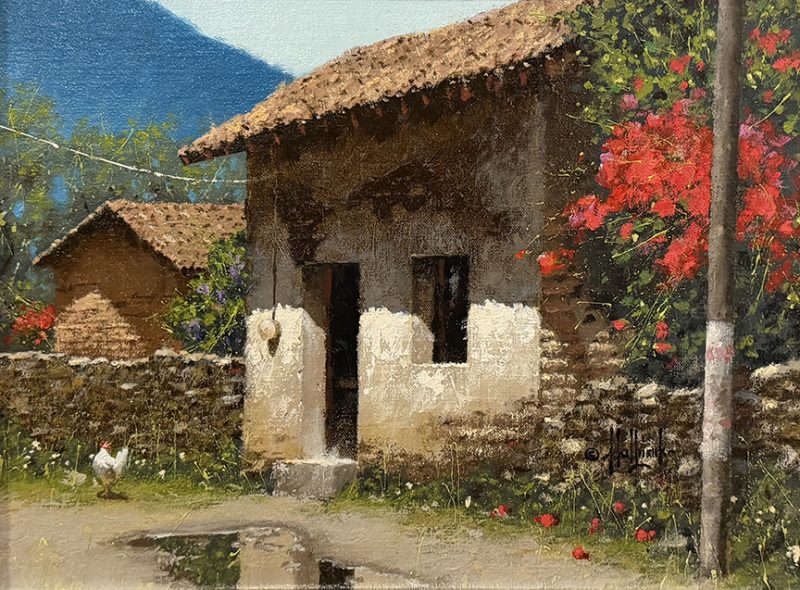 George Hallmark Almost Spring pueblo architecture architectural spanish chicken Mexico oil painting