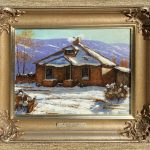 George Hallmark Almost Spring adobe house farm ranch snow architecture western oil painting framed