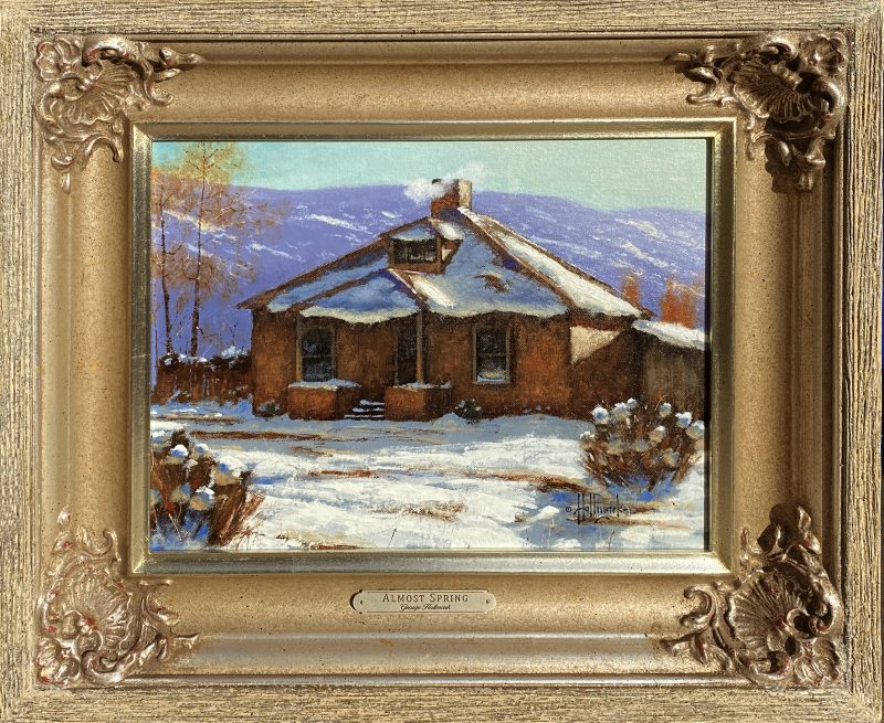 George Hallmark Almost Spring adobe house farm ranch snow architecture western oil painting framed