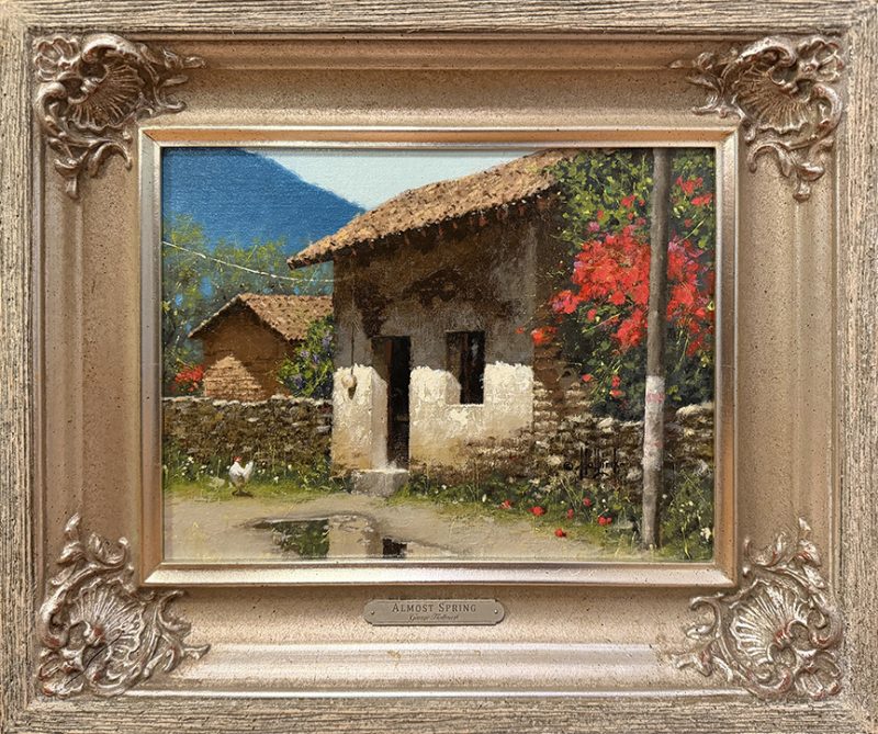 George Hallmark Almost Spring pueblo architecture architectural spanish chicken Mexico oil painting framed