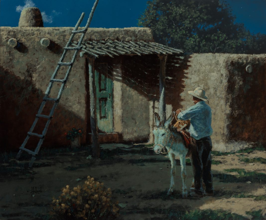 George Hallmark An Early Start architecture ladder stucco casa Mexico burro donkey jackass landscape oil painting