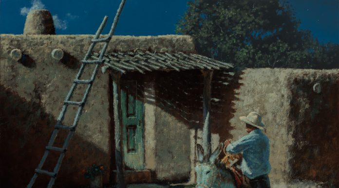 George Hallmark An Early Start architecture ladder stucco casa Mexico burro donkey jackass landscape oil painting