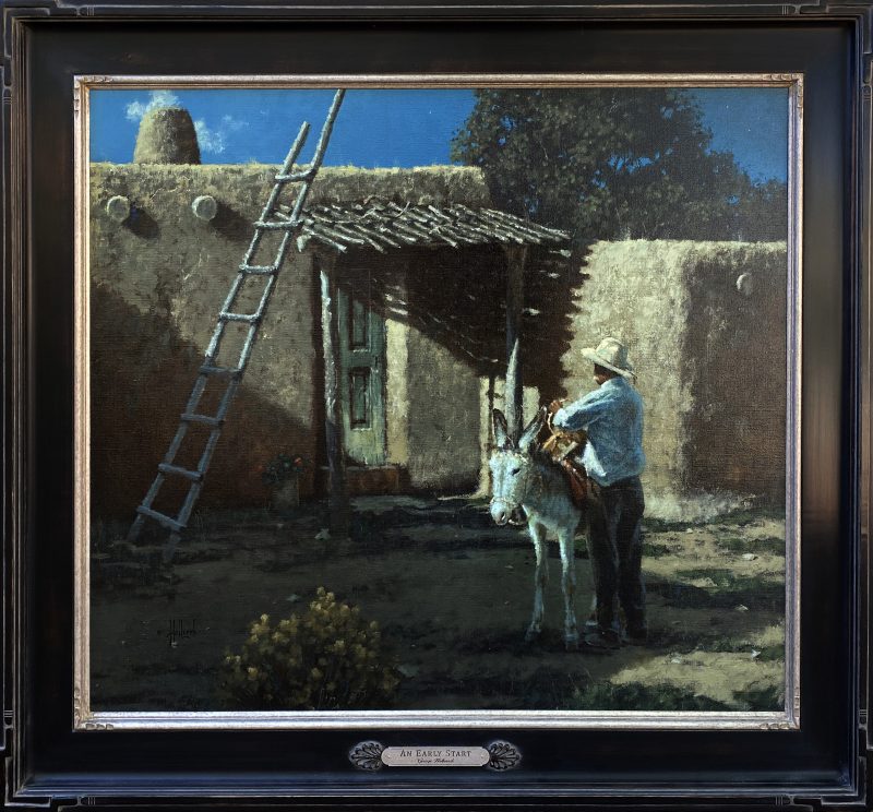 George Hallmark An Early Start architecture ladder stucco casa Mexico burro donkey jackass landscape oil painting framed