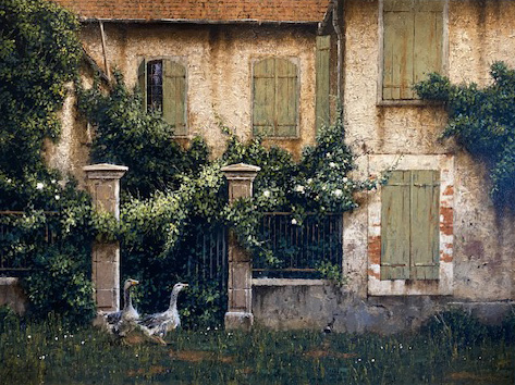George Hallmark Nosey Neighbors geese goose architecture architectural Spain Mexico adobe building oil painting 
