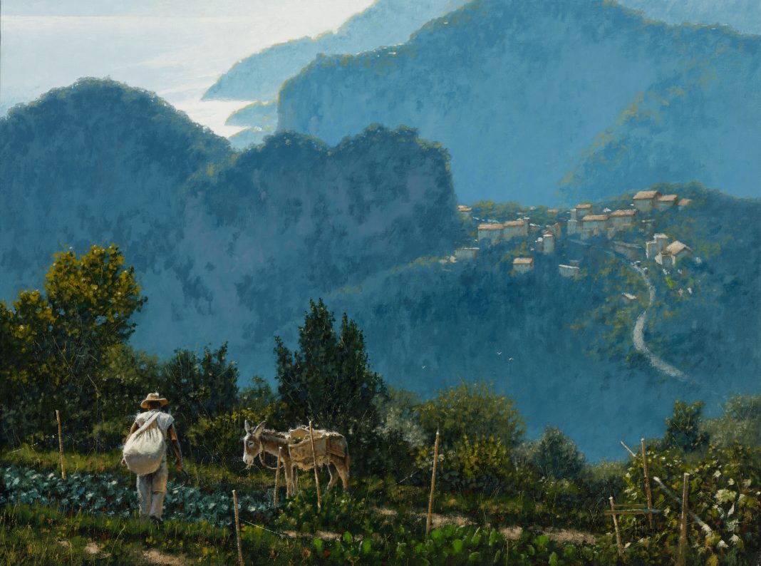 George Hallmark Sole Estivo Amalfi landsape burro donkey jackass farm farming wine vineyard landscape oil painting