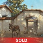 George Hallmark Sombras de la Tarde burro donkey jackass mule adobe house church religion Christ Christian Christianity architecture western oil painting sold