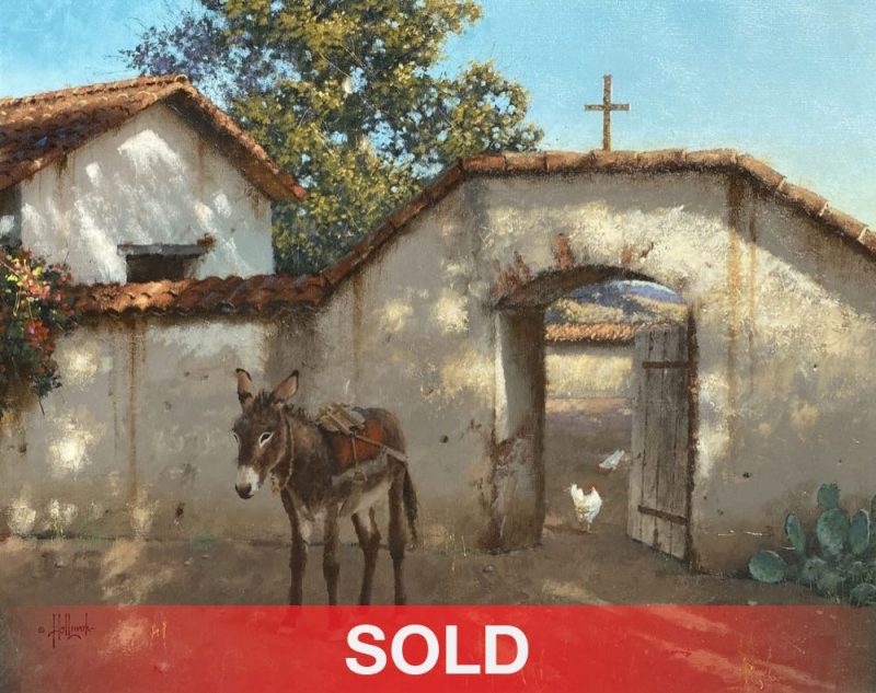 George Hallmark Sombras de la Tarde burro donkey jackass mule adobe house church religion Christ Christian Christianity architecture western oil painting sold