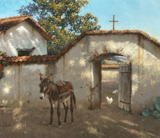George Hallmark Sombras de la Tarde burro donkey jackass mule adobe house church religion Christ Christian Christianity architecture western oil painting
