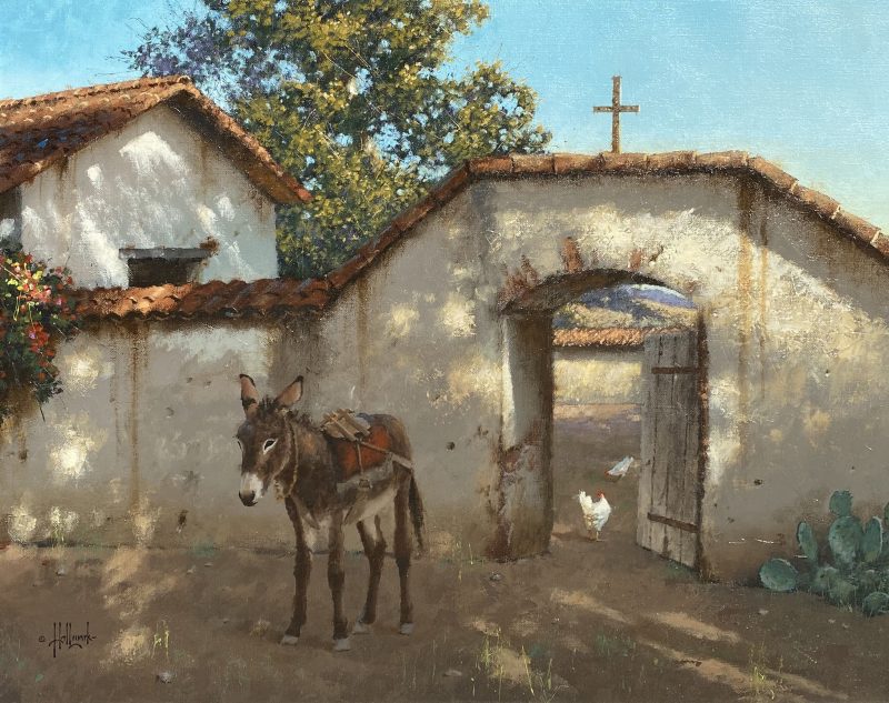 George Hallmark Sombras de la Tarde burro donkey jackass mule adobe house church religion Christ Christian Christianity architecture western oil painting