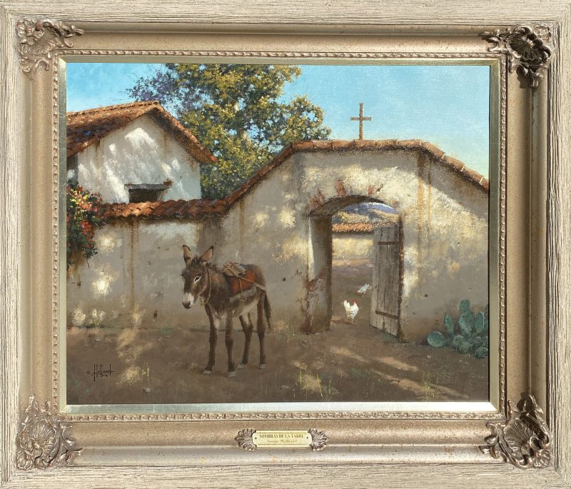 George Hallmark Sombras de la Tarde burro donkey jackass mule adobe house church religion Christ Christian Christianity architecture western oil painting framed