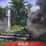 George Hallmark The Sentinel peacock bird gate flower stairs architecture architectural oil painting sold