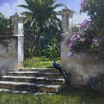 George Hallmark The Sentinel peacock bird gate flower stairs architecture architectural oil painting