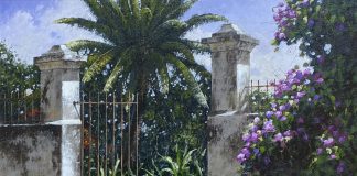 George Hallmark The Sentinel peacock bird gate flower stairs architecture architectural oil painting