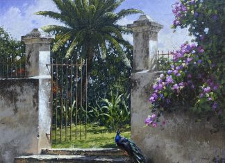 George Hallmark The Sentinel peacock bird gate flower stairs architecture architectural oil painting