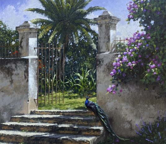 George Hallmark The Sentinel peacock bird gate flower stairs architecture architectural oil painting